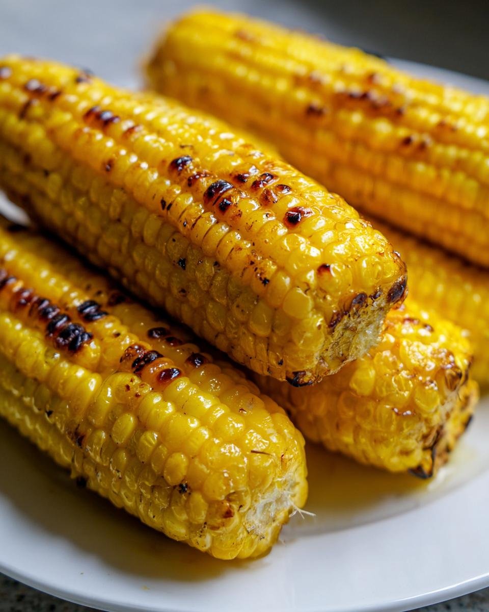 Close-up of perfectly cooked air fryer corn on the cob with slightly charred kernels on a white plate.