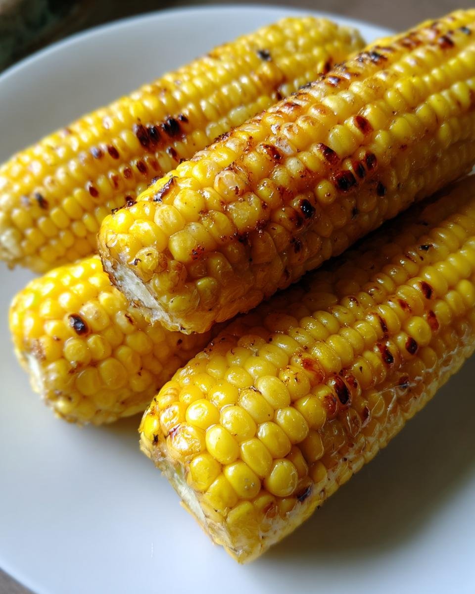 Close-up of perfectly cooked air fryer corn on the cob with golden kernels and slight char marks.
