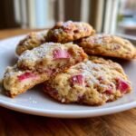 Close-up of Amazing Rhubarb Cookies, one broken in half to show pink rhubarb pieces and dusted with powdered sugar.