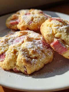 Three Amazing Rhubarb Cookies dusted with powdered sugar on a white plate, showcasing chunks of pink rhubarb.