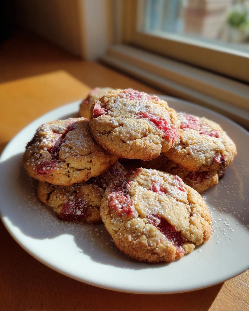 A stack of Amazing Rhubarb Cookies dusted with powdered sugar, showcasing their tart red rhubarb filling.