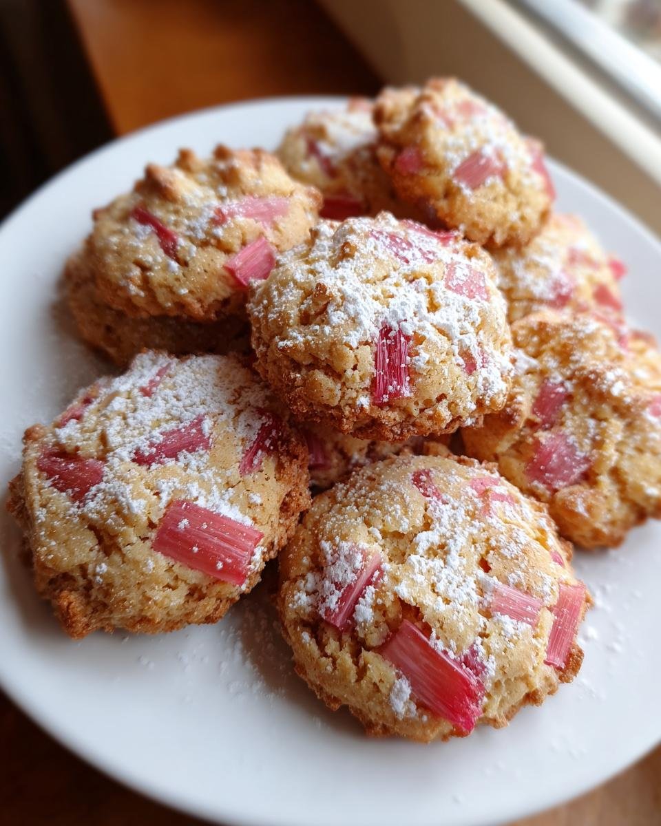 A pile of Amazing Rhubarb Cookies dusted with powdered sugar, showcasing bright pink rhubarb pieces.