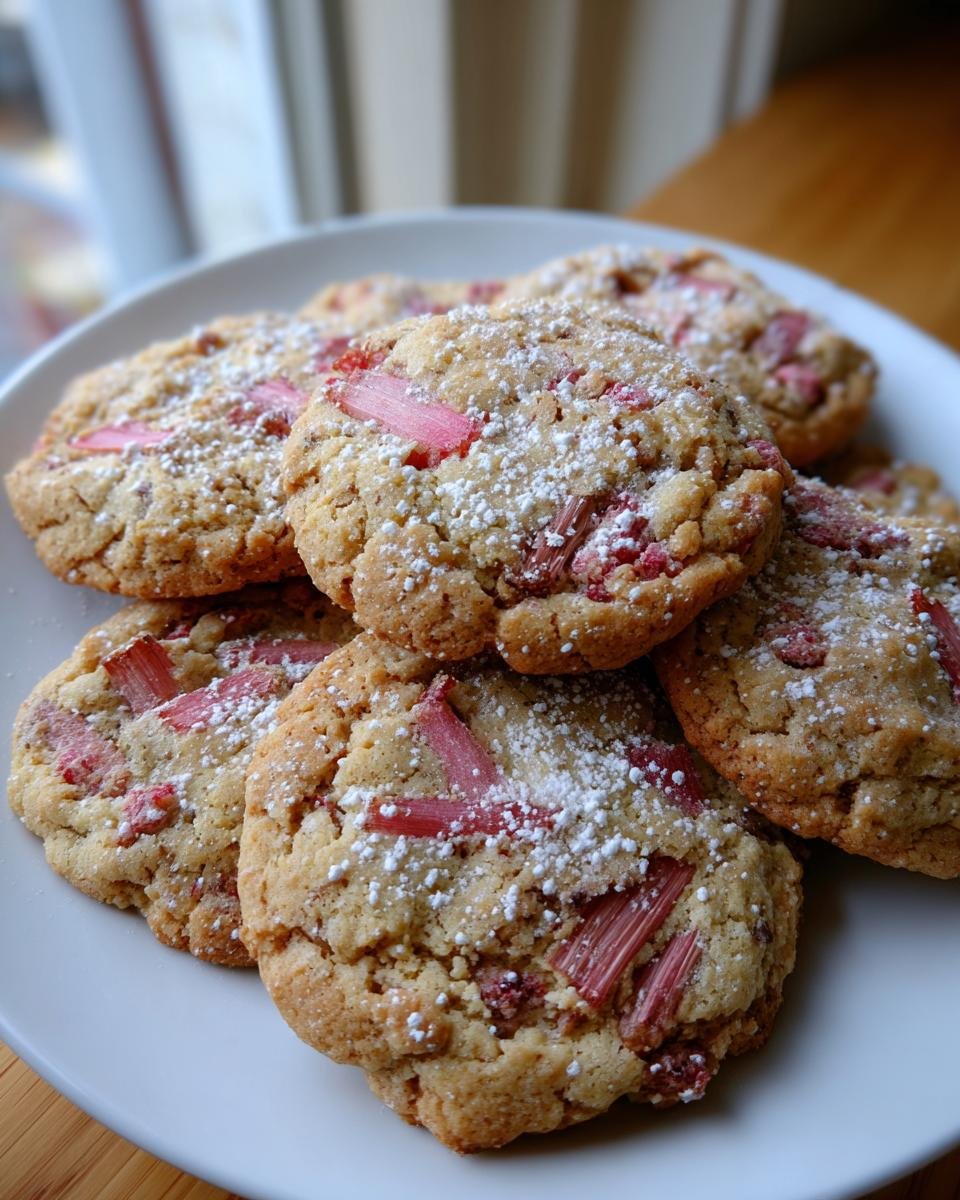 A pile of Amazing Rhubarb Cookies dusted with powdered sugar, showcasing chunks of pink rhubarb.