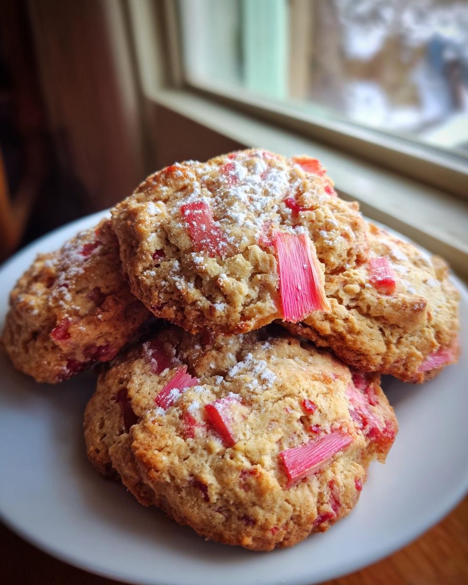 A stack of Amazing Rhubarb Cookies, dusted with powdered sugar and studded with bright pink rhubarb pieces.