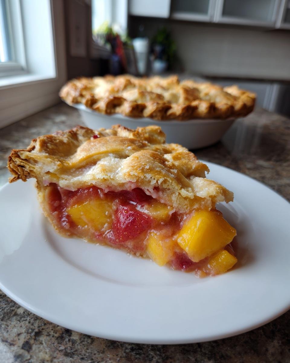 A slice of decadent brown butter strawberry peach pie on a white plate, showing juicy fruit filling and flaky crust.