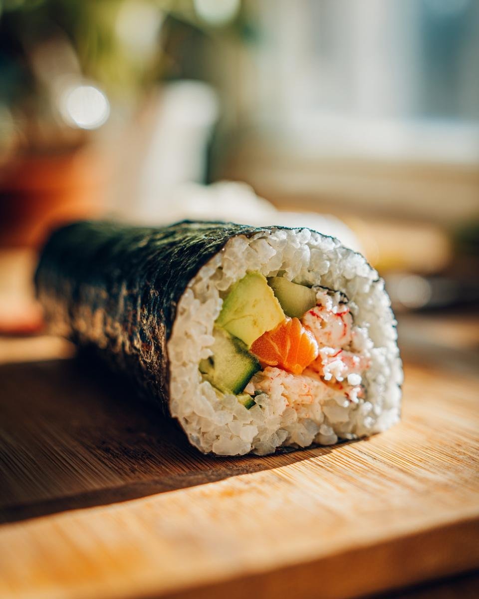 A close-up of an Irresistible California Roll Sushi, showcasing avocado, crab, and cucumber filling.