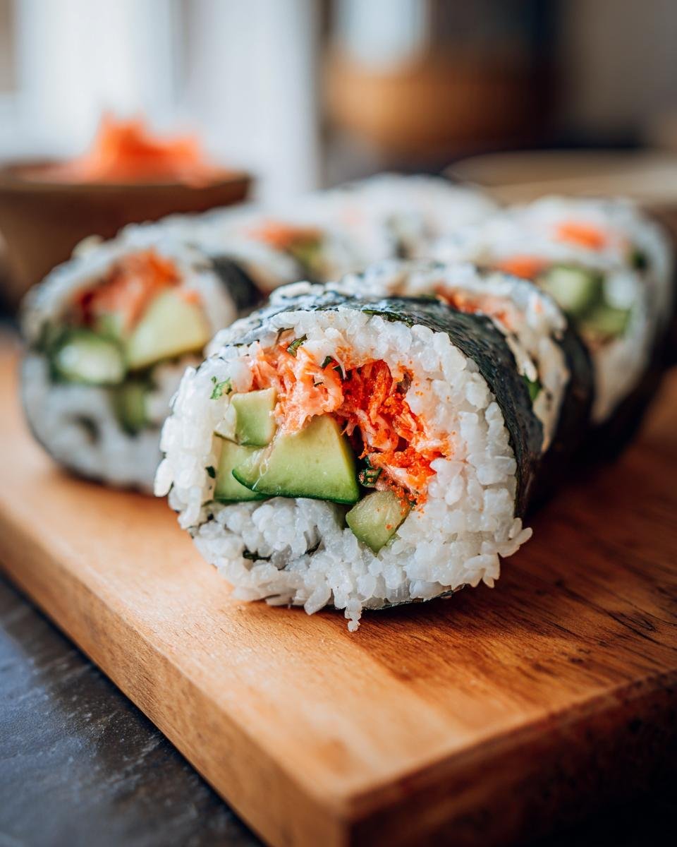 Close-up of an Irresistible California Roll Sushi recipe, showcasing fresh avocado, cucumber, and crab filling.