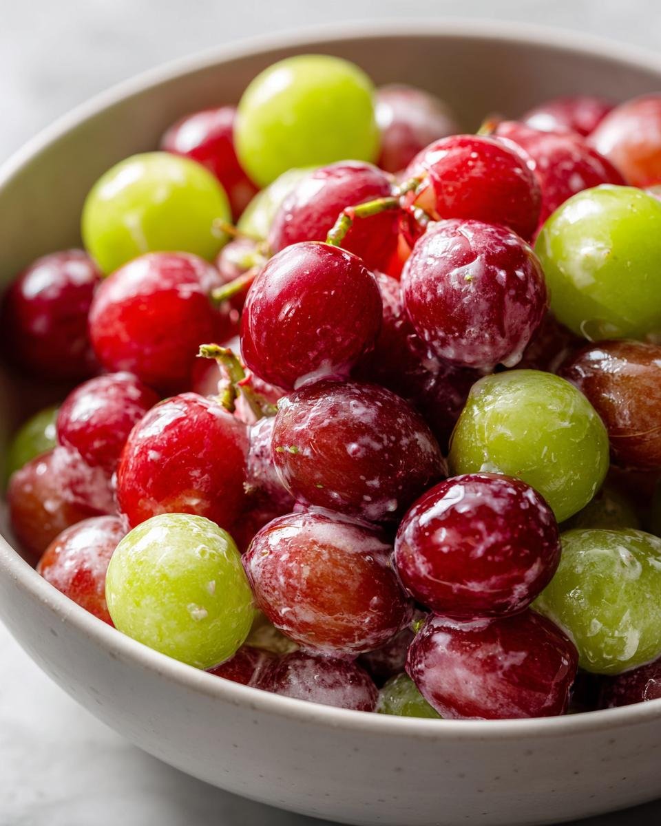 Close-up of a bowl filled with red and green grapes coated in a creamy dressing for Irresistible Chicken Salad Chick Grape Salad Recipe.