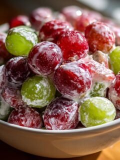 A close-up of a white bowl filled with red and green grapes coated in a creamy dressing, a perfect Chicken Salad Chick Grape Salad.