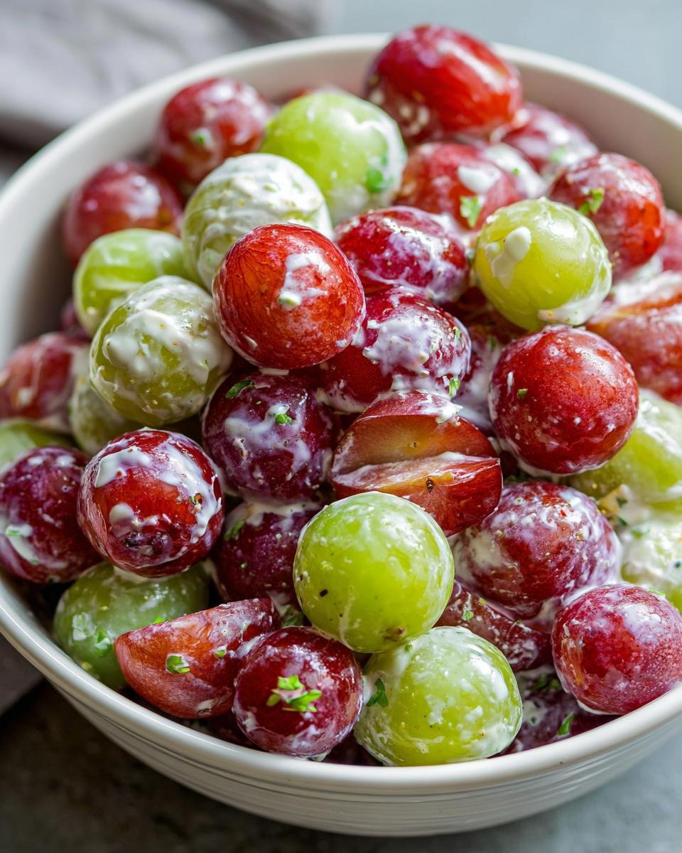 Close-up of a bowl filled with red and green grapes coated in a creamy dressing, part of the Irresistible Chicken Salad Chick Grape Salad Recipe.
