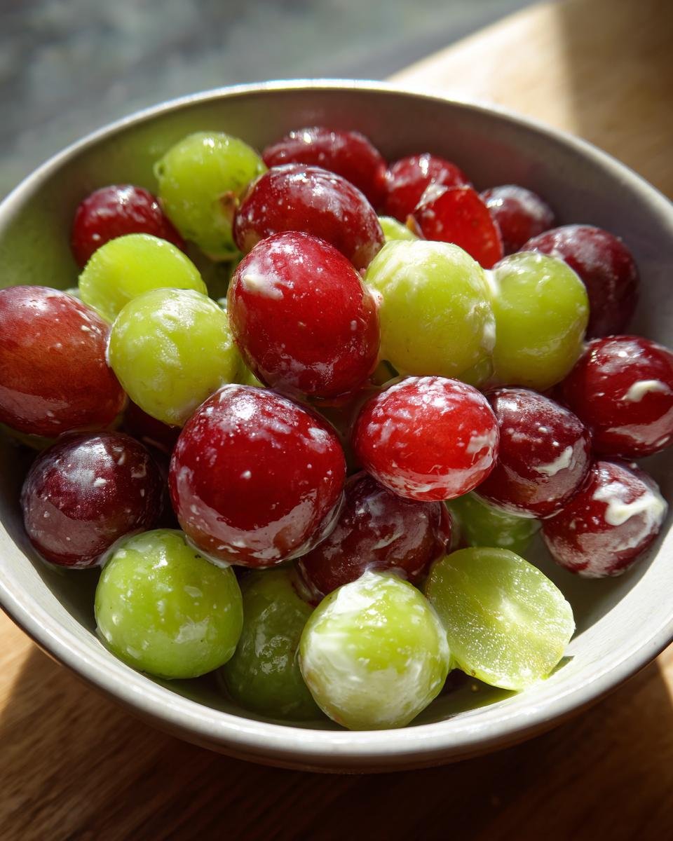 Close-up of a bowl filled with red and green grapes coated in a creamy dressing, showcasing the Irresistible Chicken Salad Chick Grape Salad Recipe.