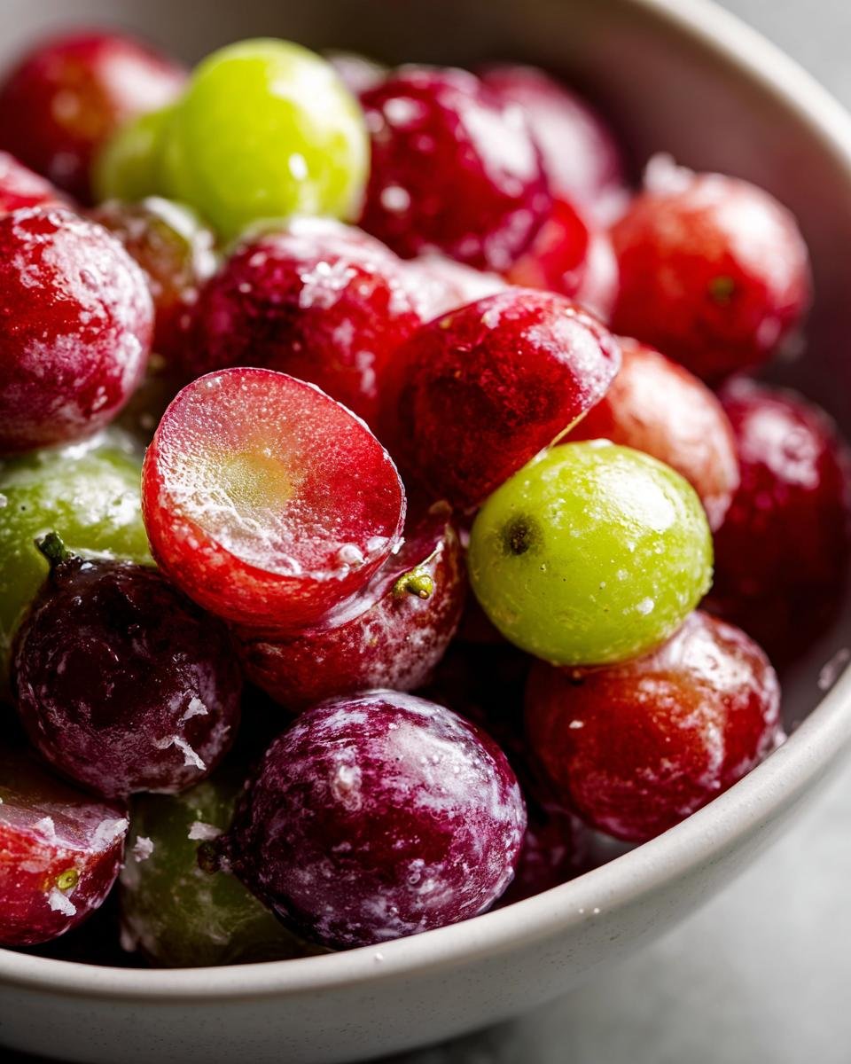 Close-up of a bowl filled with red and green grapes coated in a creamy dressing for the Irresistible Chicken Salad Chick Grape Salad recipe.