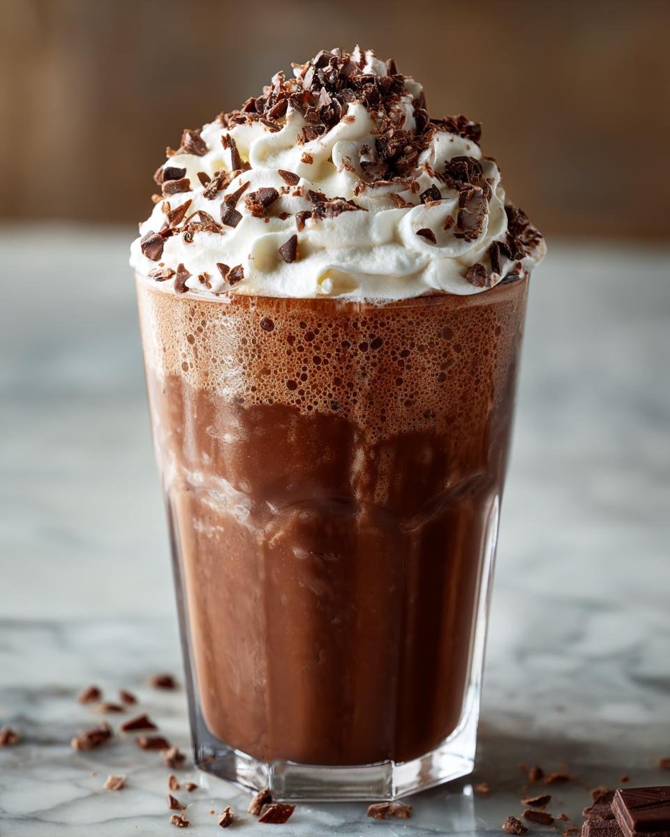 A tall glass filled with a rich chocolate milkshake, topped with whipped cream and chocolate shavings. Indulge In The Ultimate Chocolate Milkshake Delight.