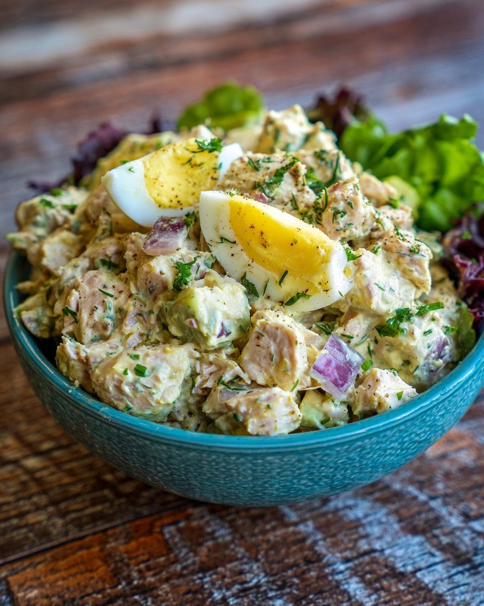 A bowl of Creamy Avocado Tuna Salad with chopped hard-boiled eggs, red onion, and fresh herbs.