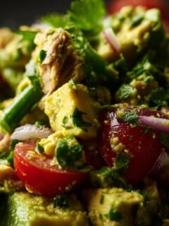 Close-up of Creamy Avocado Tuna Salad with cherry tomatoes, red onion, and cilantro.