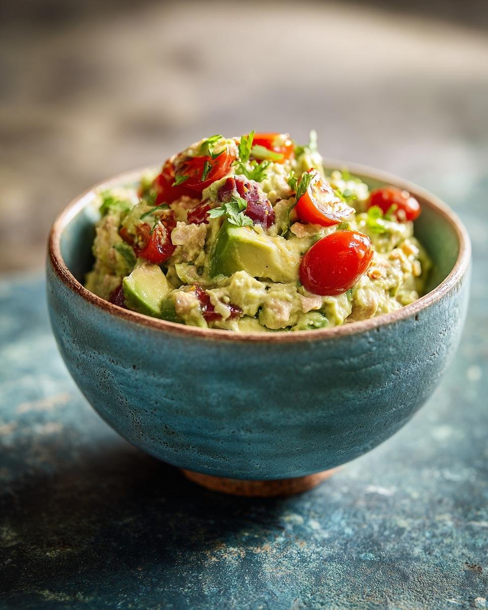 Close-up of Creamy Avocado Tuna Salad with cherry tomatoes and parsley in a blue bowl.