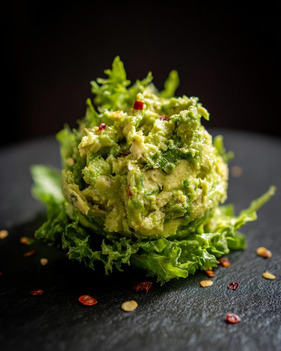 A mound of Creamy Avocado Tuna Salad served on a bed of lettuce, sprinkled with red pepper flakes.