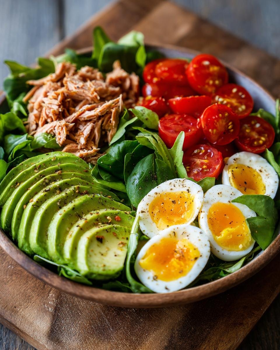 A vibrant bowl of Creamy Avocado Tuna Salad with sliced avocado, hard-boiled eggs, cherry tomatoes, and greens.