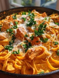 A close-up of Irresistible Creamy Cajun Chicken Pasta Skillet in a cast iron pan, garnished with parsley and parmesan.