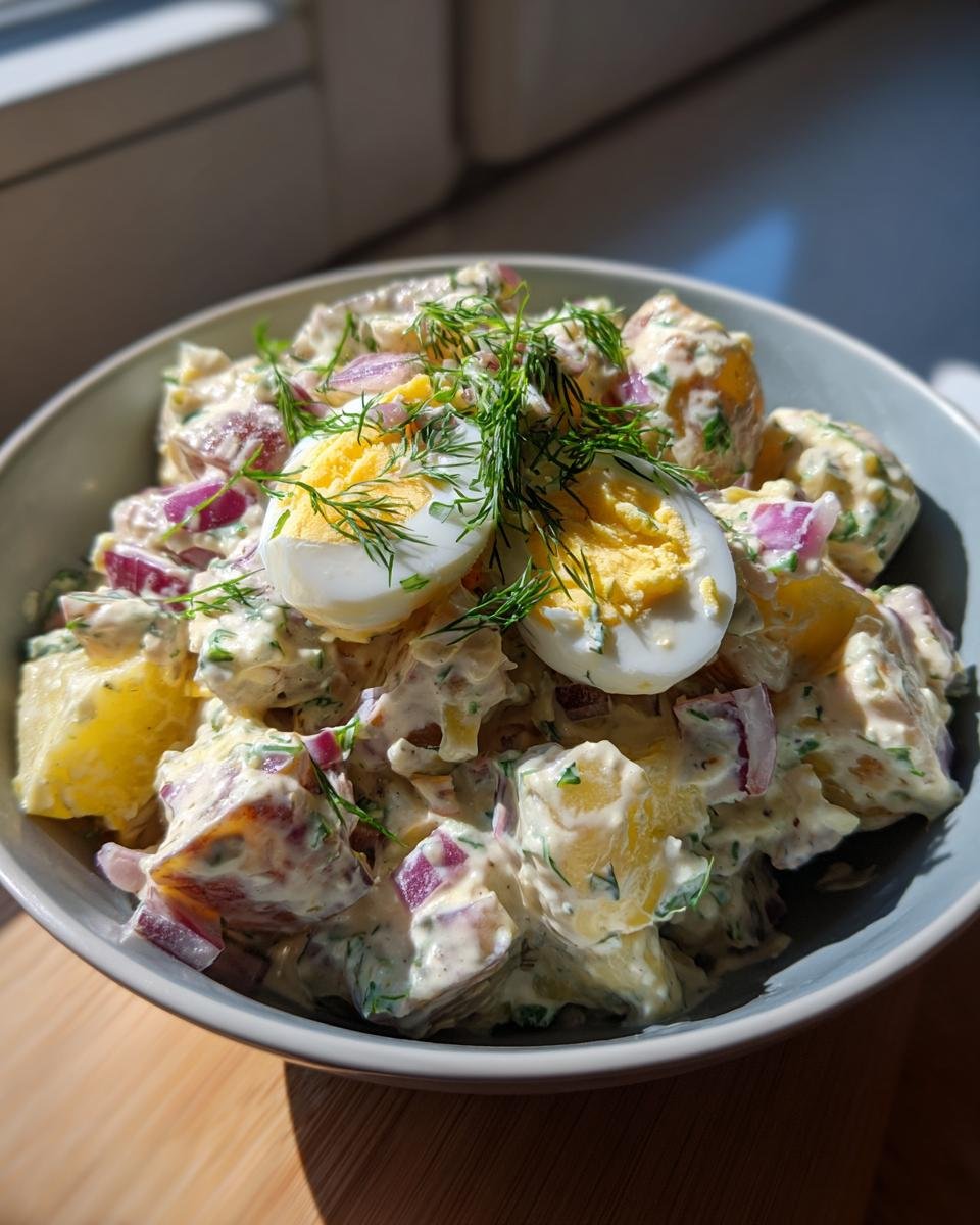 Close-up of Creamy Potato Salad With Egg, featuring chunks of potatoes, red onion, creamy dressing, and hard-boiled egg halves, garnished with fresh dill.