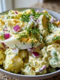 A close-up of a bowl of Creamy Potato Salad With Egg, garnished with fresh dill and red onion.