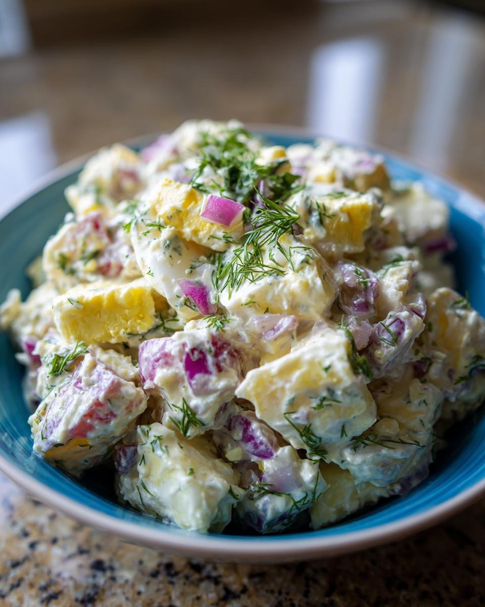 Close-up of creamy potato salad with egg, red onion, and dill in a blue bowl.