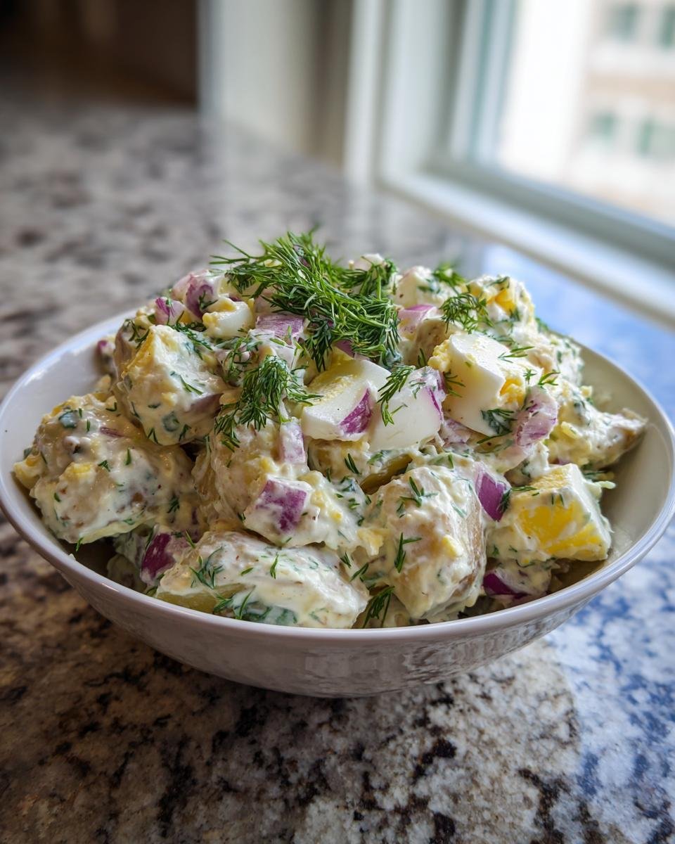 A bowl of creamy potato salad with egg, red onion, and fresh dill, perfect for a picnic.