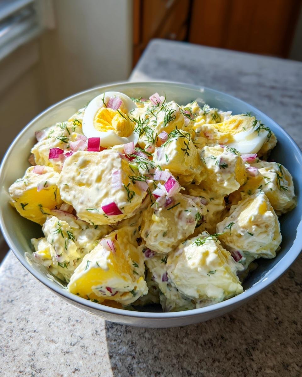 A bowl of creamy potato salad with egg, red onion, and dill, perfect for a picnic.