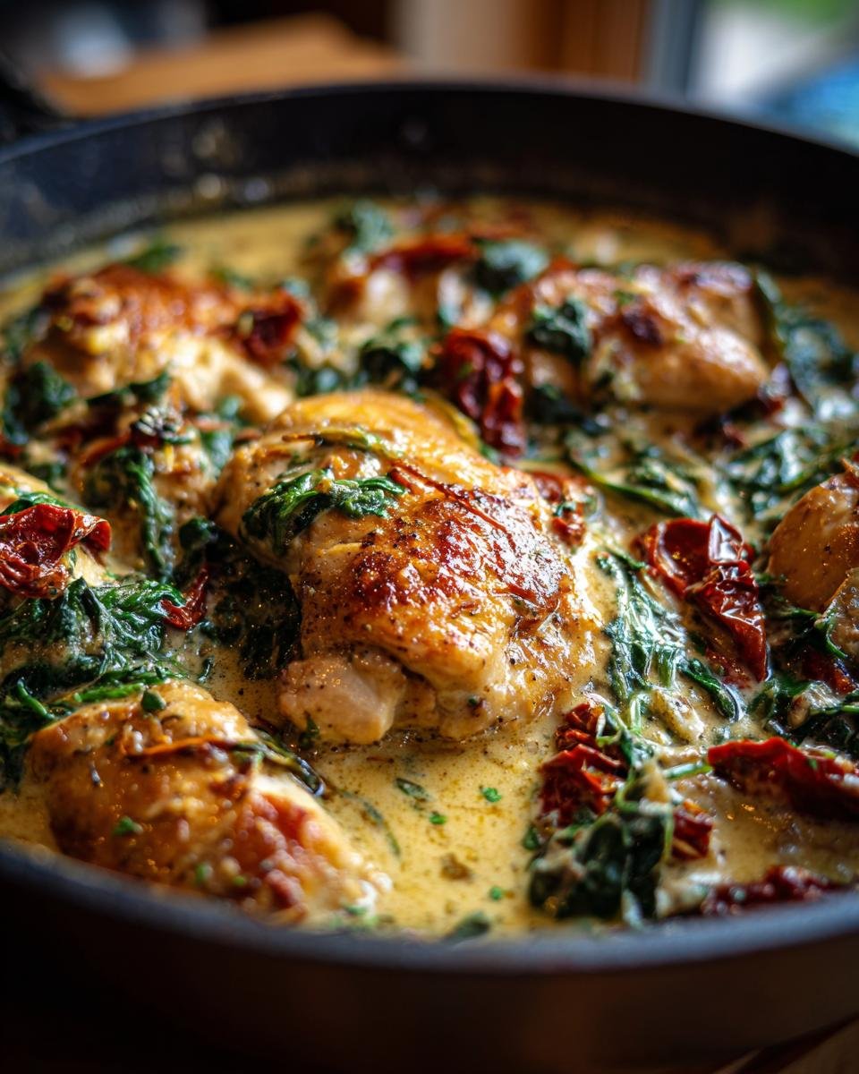 Close-up of Irresistible Creamy Tuscan Chicken Skillet with golden-brown chicken pieces, spinach, and sun-dried tomatoes in a rich sauce.