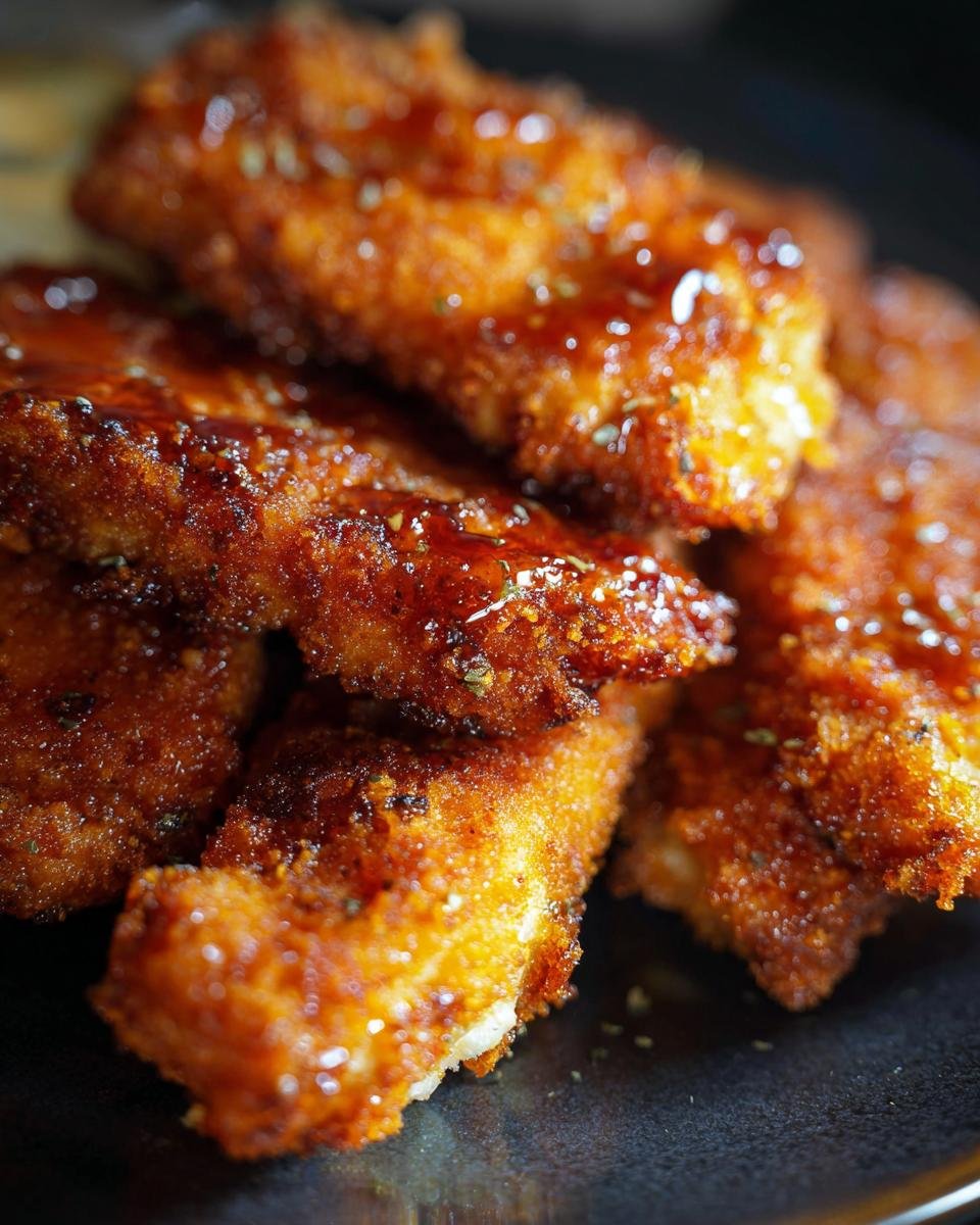 Close-up of golden brown, crispy cornmeal fried fish pieces drizzled with a glossy sauce and sprinkled with herbs.