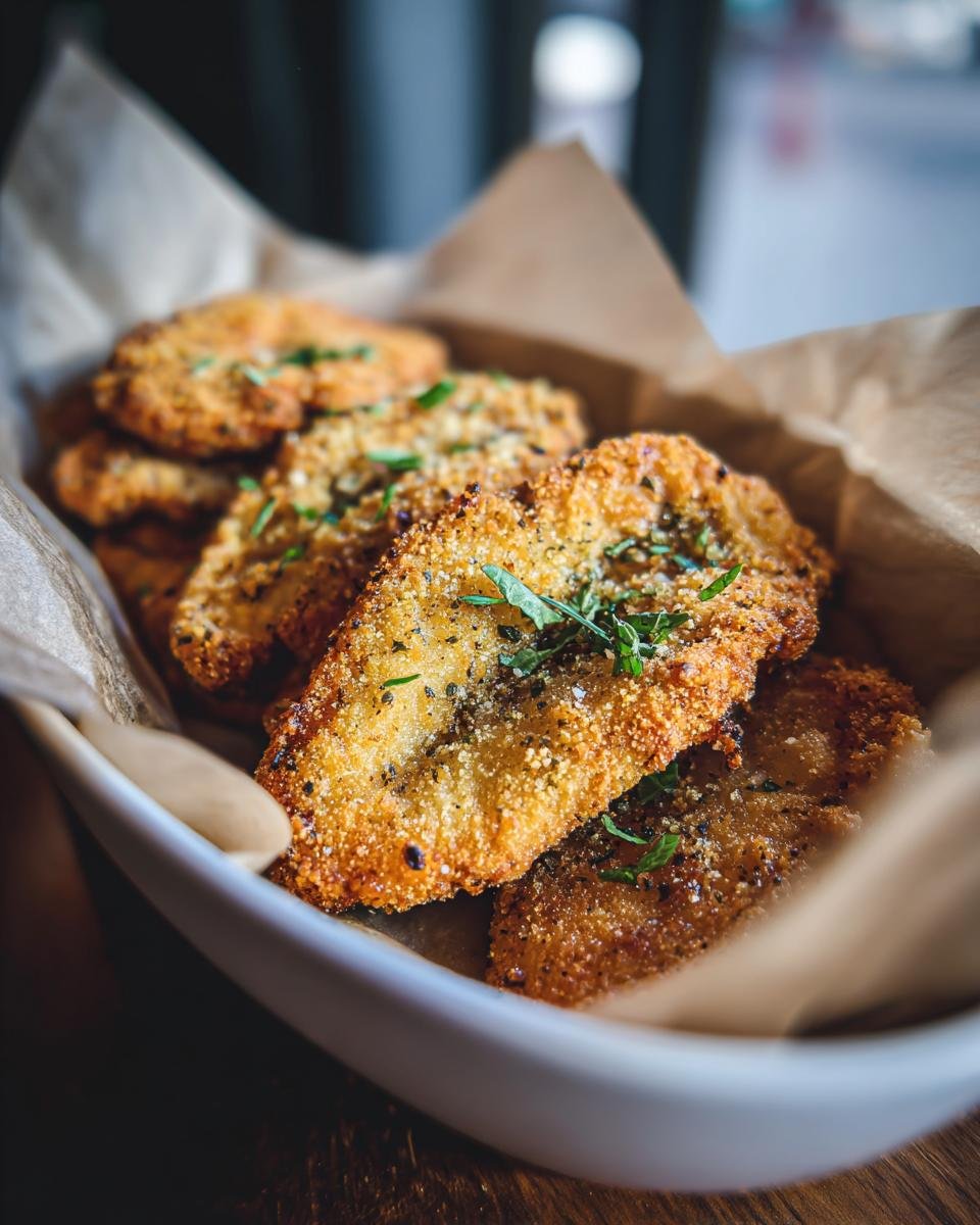 A close-up of golden-brown, crispy cornmeal fried fish fillets, garnished with fresh herbs.