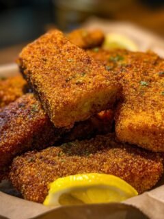 A close-up of golden-brown crispy cornmeal fried fish fillets served with lemon wedges.