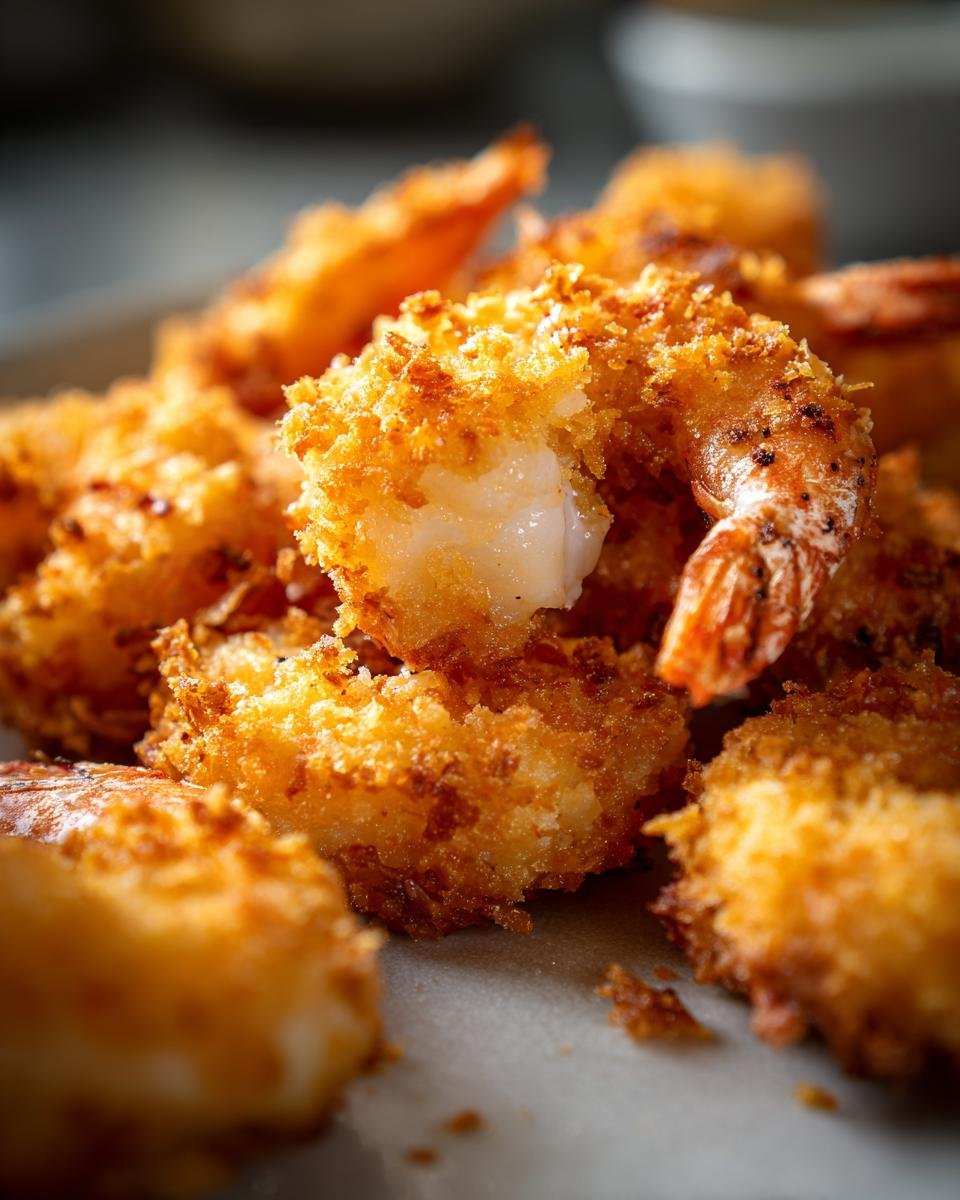 Close-up of perfectly golden brown and crispy panko shrimp, showcasing a crunchy coating and juicy interior.