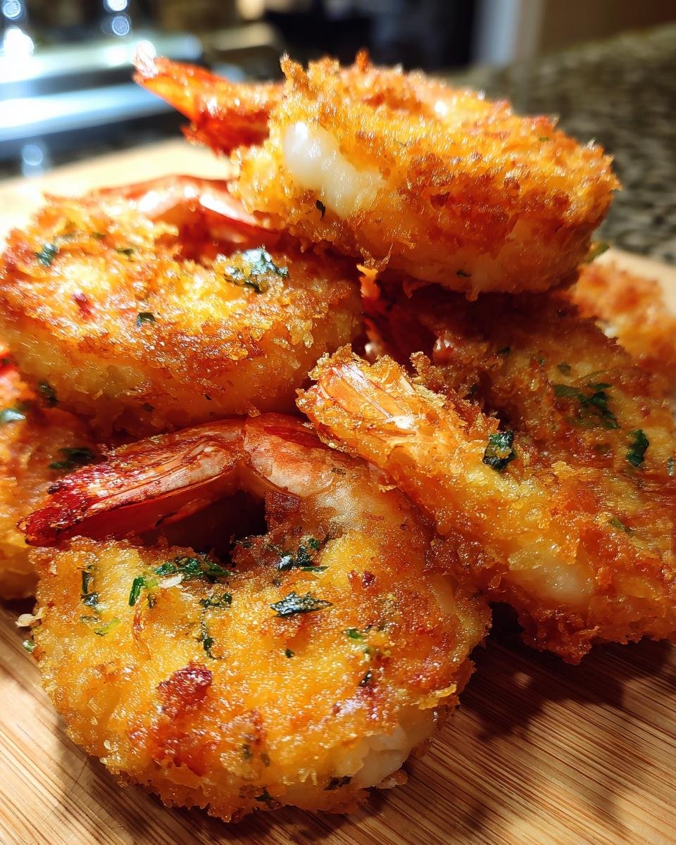 Close-up of golden brown Crispy Panko Shrimp Recipe, perfectly fried and sprinkled with herbs.