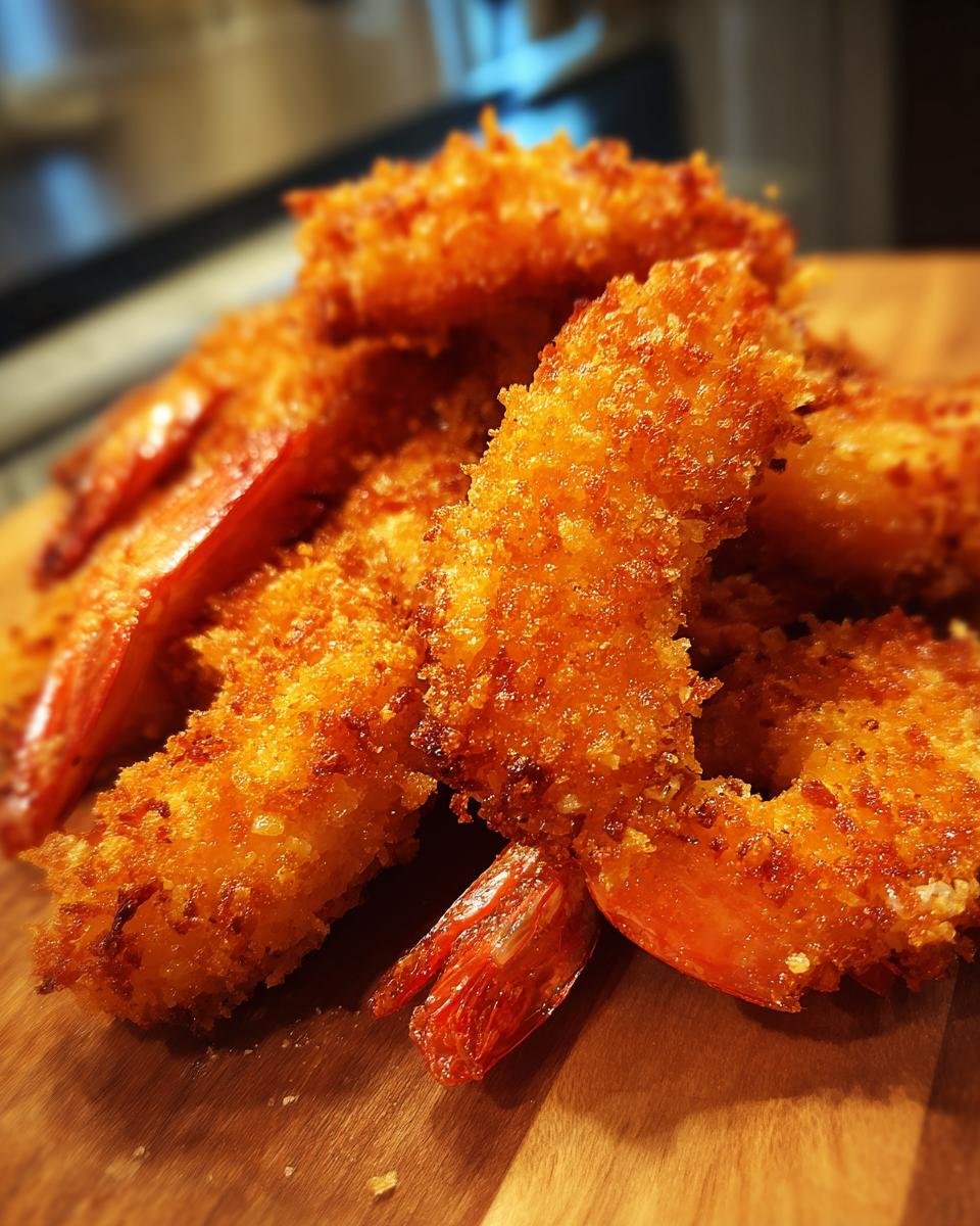 Close-up of golden brown, crispy panko shrimp piled on a wooden board, showcasing their crunchy coating and visible tails.