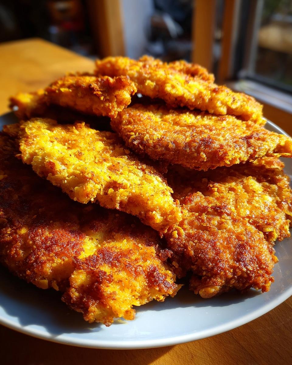 Golden brown and crispy potato chip chicken pieces piled on a plate, ready to be served.