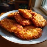 A plate of golden-brown, crunchy potato chip chicken pieces, perfect for a weeknight meal.