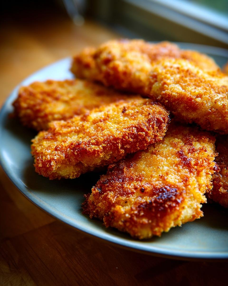 Close-up of golden-brown, crispy potato chip chicken pieces on a blue plate.