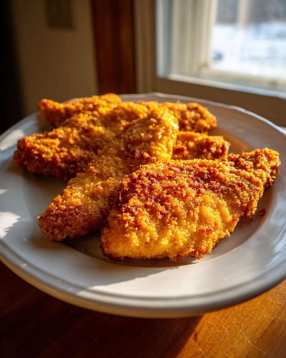 Golden brown, crispy Crunchy Potato Chip Chicken pieces served on a white plate.