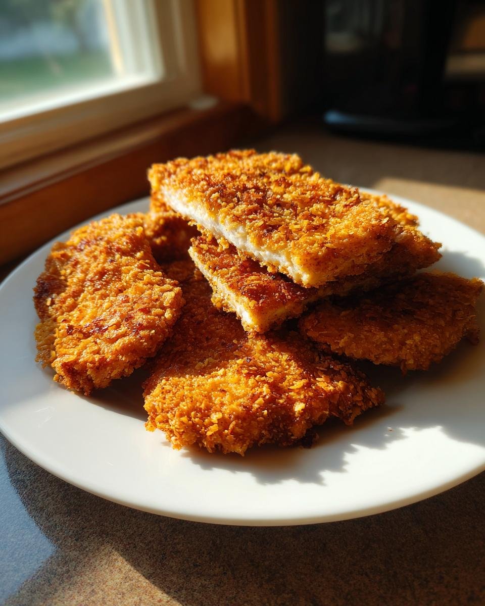 Golden brown and crispy potato chip chicken pieces piled on a white plate, ready for a weeknight meal.