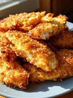 Golden brown, crunchy potato chip chicken strips piled on a grey plate, ready to be served.
