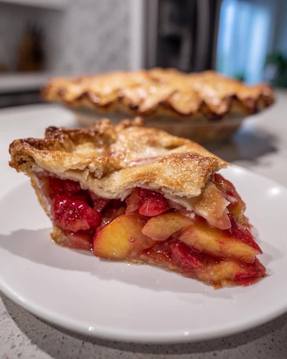 A slice of decadent brown butter strawberry peach pie on a white plate, showcasing the flaky crust and juicy fruit filling.