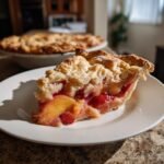 A slice of Decadent Brown Butter Strawberry Peach Pie on a white plate, showing juicy fruit filling and flaky crust.