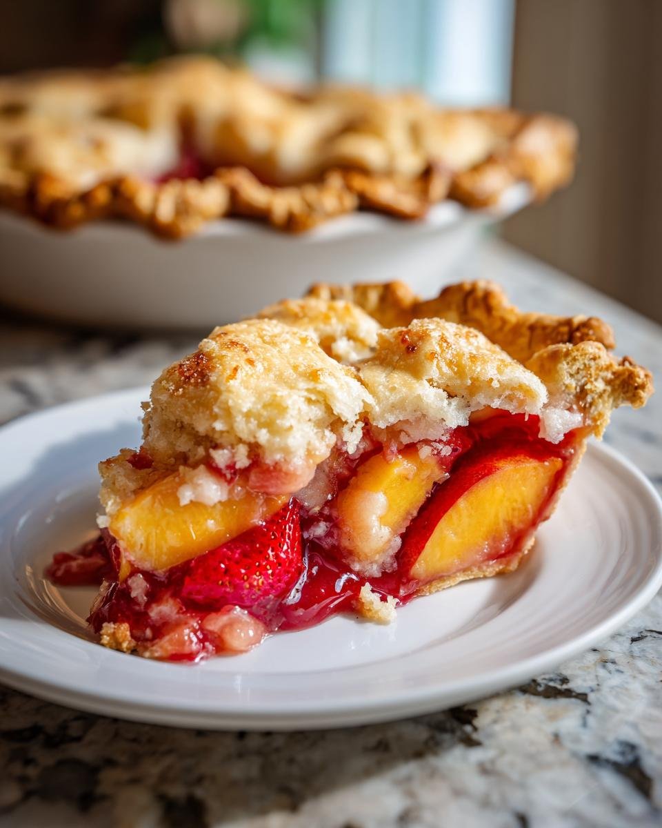 A close-up of a slice of Decadent Brown Butter Strawberry Peach Pie on a white plate, showing juicy fruit filling and flaky crust.