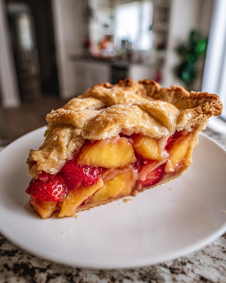 A slice of Decadent Brown Butter Strawberry Peach Pie on a white plate, showing a flaky crust and juicy fruit filling.