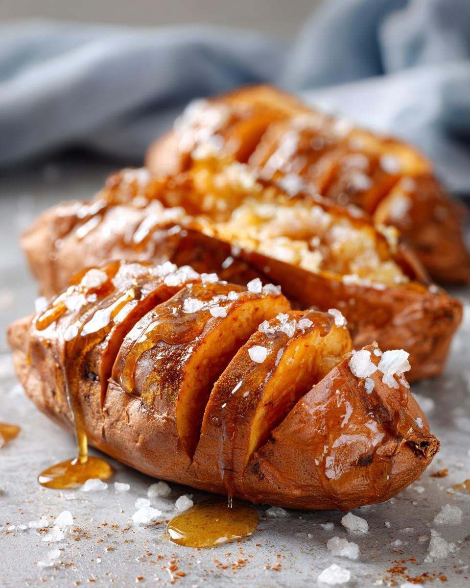 Close-up of Delicious Baked Sweet Potatoes With Cinnamon Honey, drizzled with honey and sprinkled with sea salt.