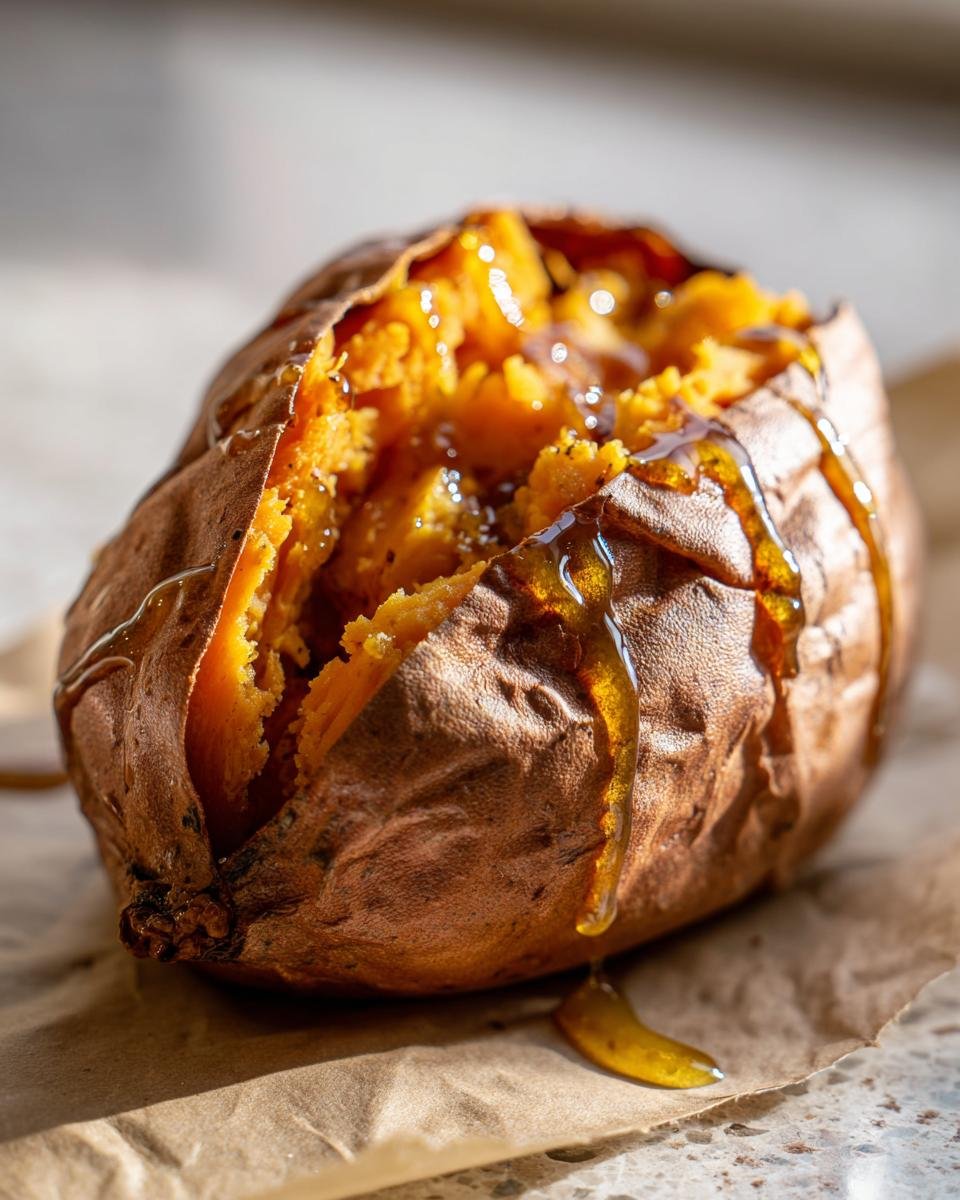 Close-up of a delicious baked sweet potato topped with cinnamon and drizzled with honey.