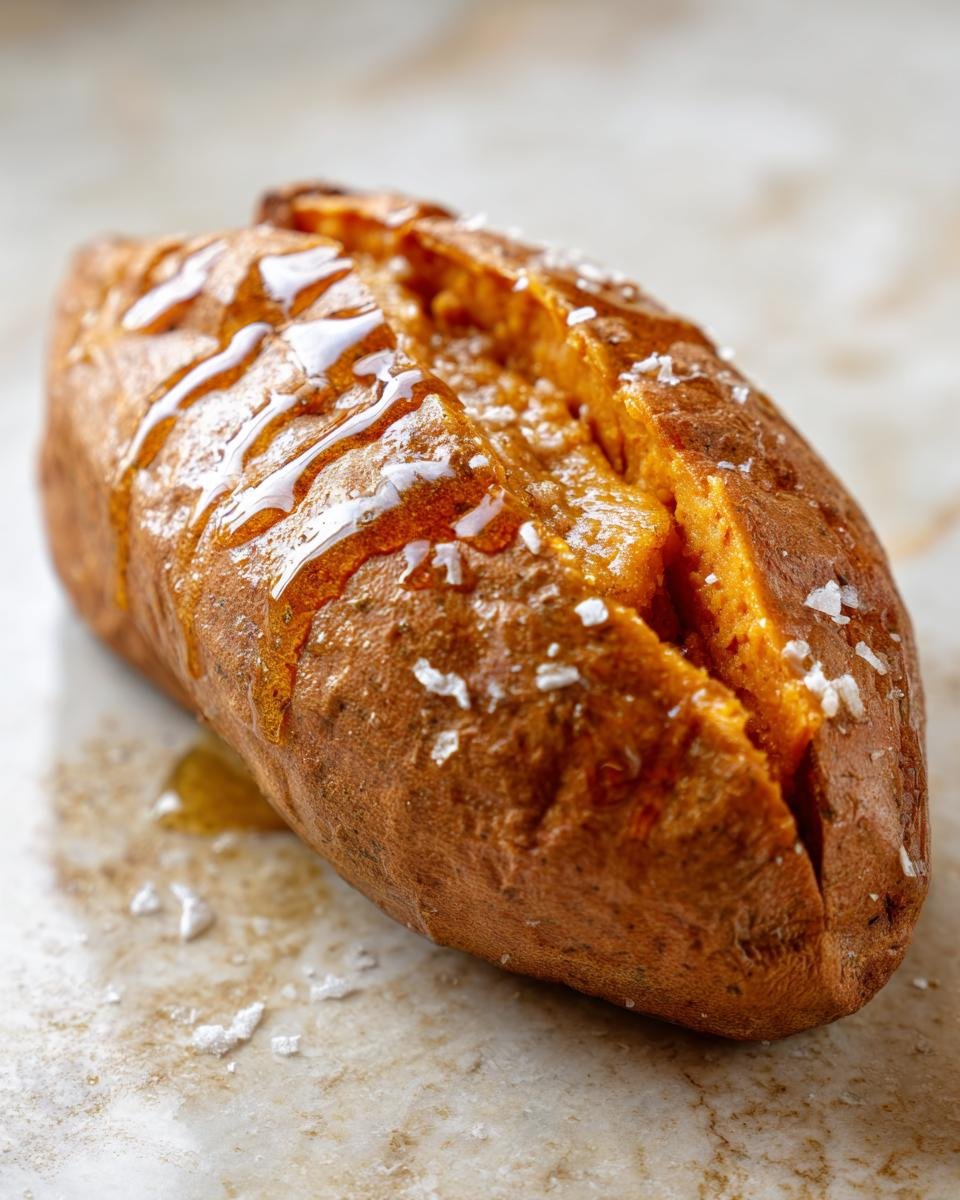 A close-up of a Delicious Baked Sweet Potato with Cinnamon Honey, drizzled with honey and sprinkled with sea salt.