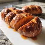 Close-up of Delicious Baked Sweet Potatoes With Cinnamon Honey, drizzled with glaze and sprinkled with salt.