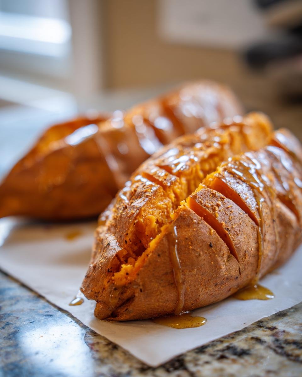Close-up of two delicious baked sweet potatoes with cinnamon honey drizzled over them, sliced open.